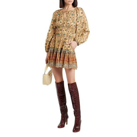 ULLA JOHNSON Val Gathered Printed Cotton-blend Mini Dress In Yellow, NWT - Picture 1 of 16